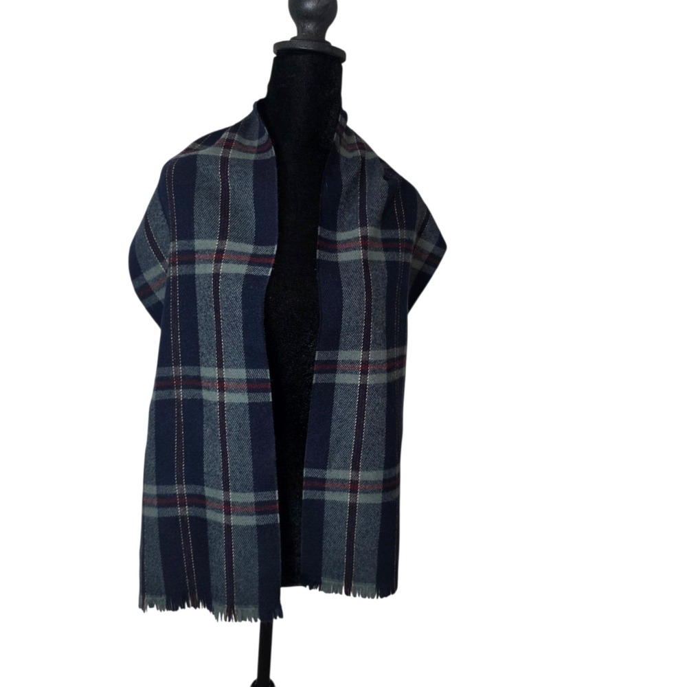 Vintage Forecaster Of Boston Plaid Tartan Scarf Blue Green Made In Japan Fringe